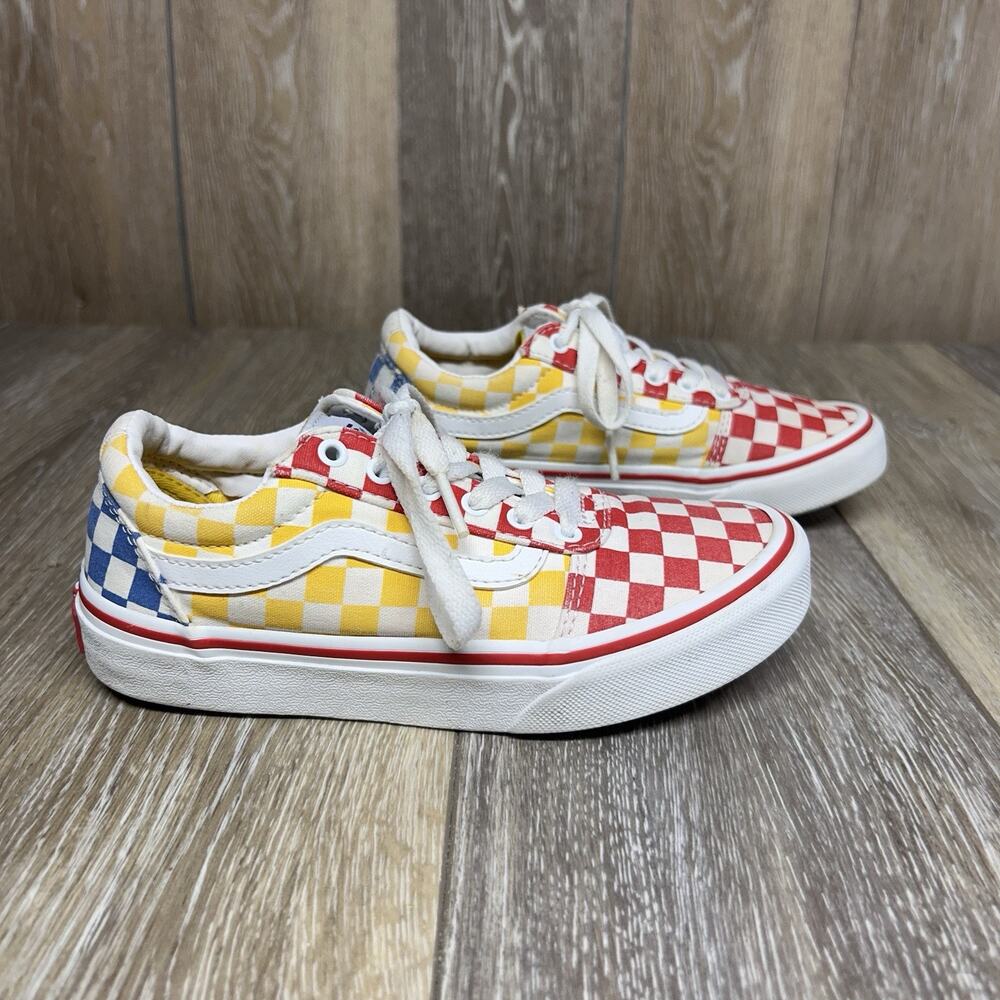 Vans Off The Wall Youth US Size 1 Red Yellow Blue Checkerboard Shoes Old Skool